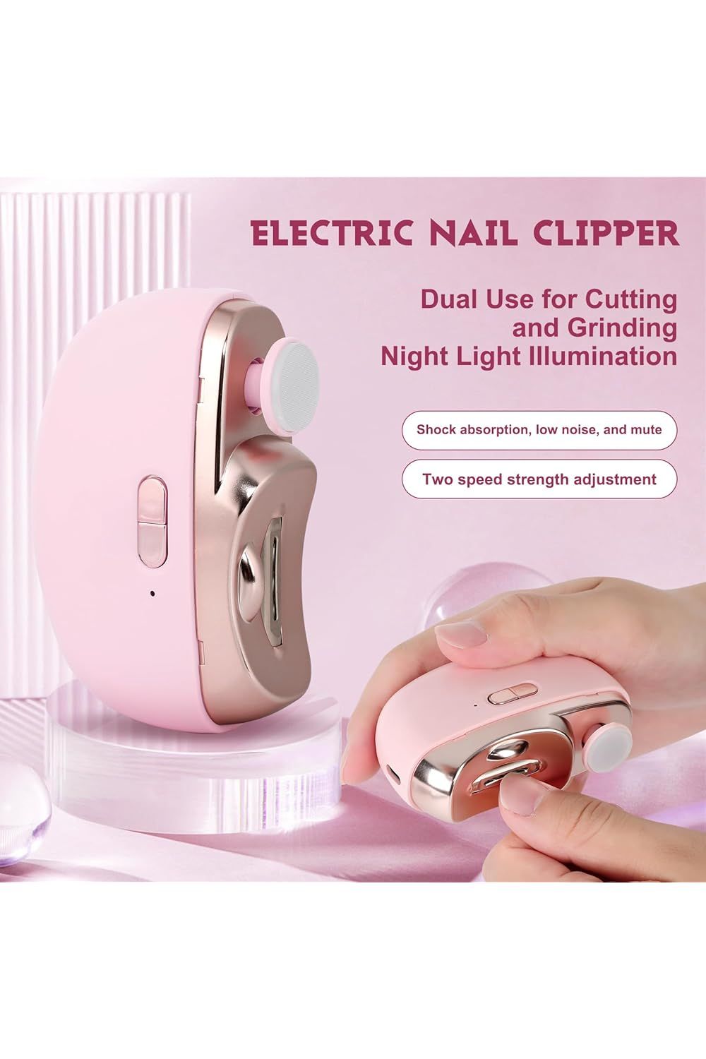 Coupe-ongles électrique automatique 3-en-1 avec polissage – Nouveau modèle 2025, idéal pour adultes et seniors – Lime à ongles intégrée (Rose)